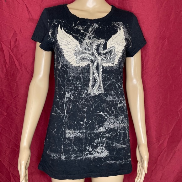 Vintage Y2K Cotty On Studded Cross Angel Wing Fitted Elongated Tee XL - Picture 1 of 6